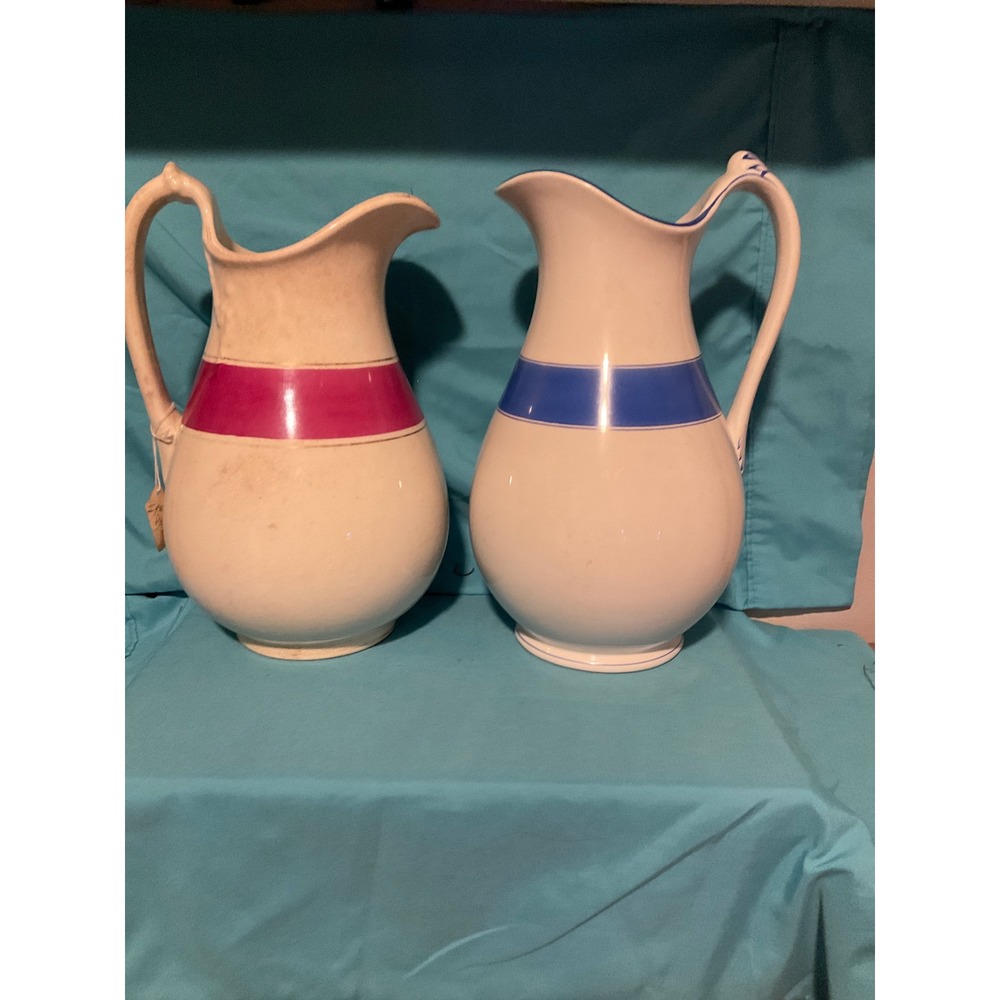 Antique Royal Ironstone Pitchers Pink Magenta Blue Band Thomas Elsmore England